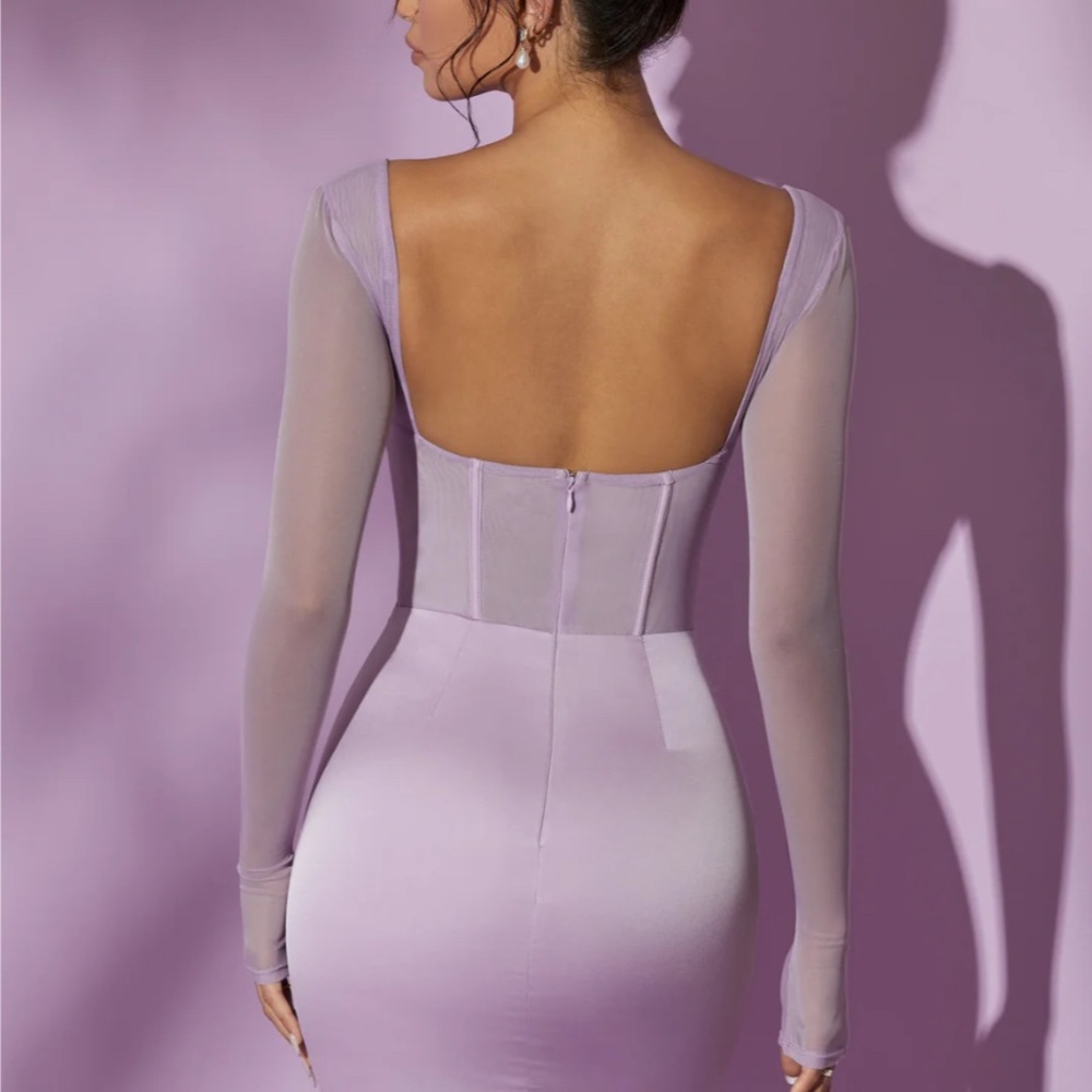 Long Sleeve Mesh Corset Mini Dress in Lilac
